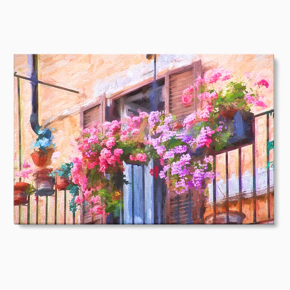 Tablou canvas cu pictura cu balcon plin de flori roz, fara rama, pe sasiu de lemn